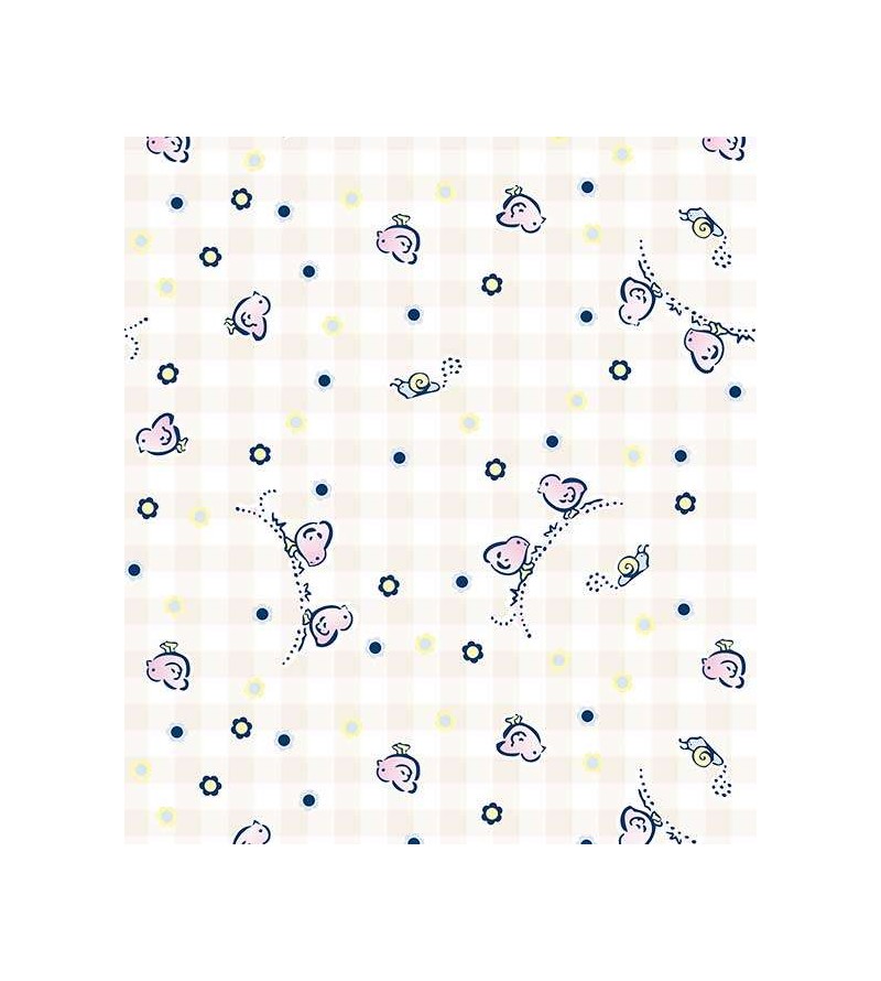 Papel de parede com fundo branco e rosa claro, com detalhes em tons de azul, amarelo e lilás - Infantil 136