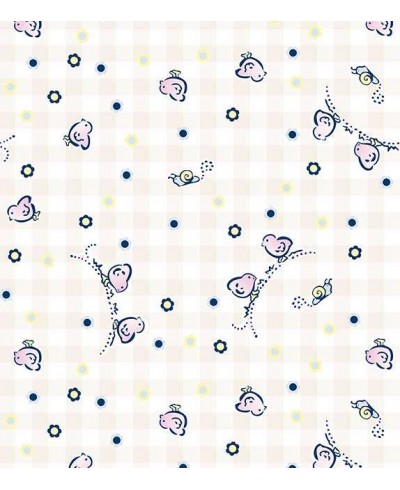 Papel de parede com fundo branco e rosa claro, com detalhes em tons de azul, amarelo e lilás - Infantil 136