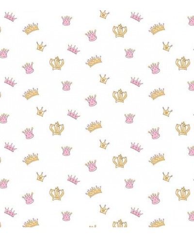 Papel de Parede Infantil coroas em fundo branco com coroas em amarelo e rosa - Kids 16 Papel de Parede Infantil coroas em fundo branco com coroas em amarelo e rosa - Kids 16