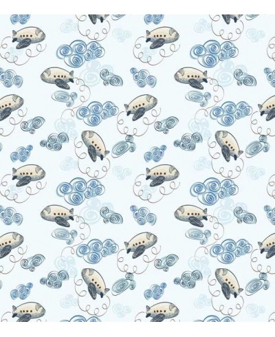 Papel de Parede Infantil aviões em fundo branco com nuvens em azul - Kids 17