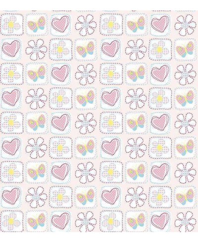 Papel de parede com fundo rosa claro, com quadrados em brancos flores e borboletas em tons de azul - 143