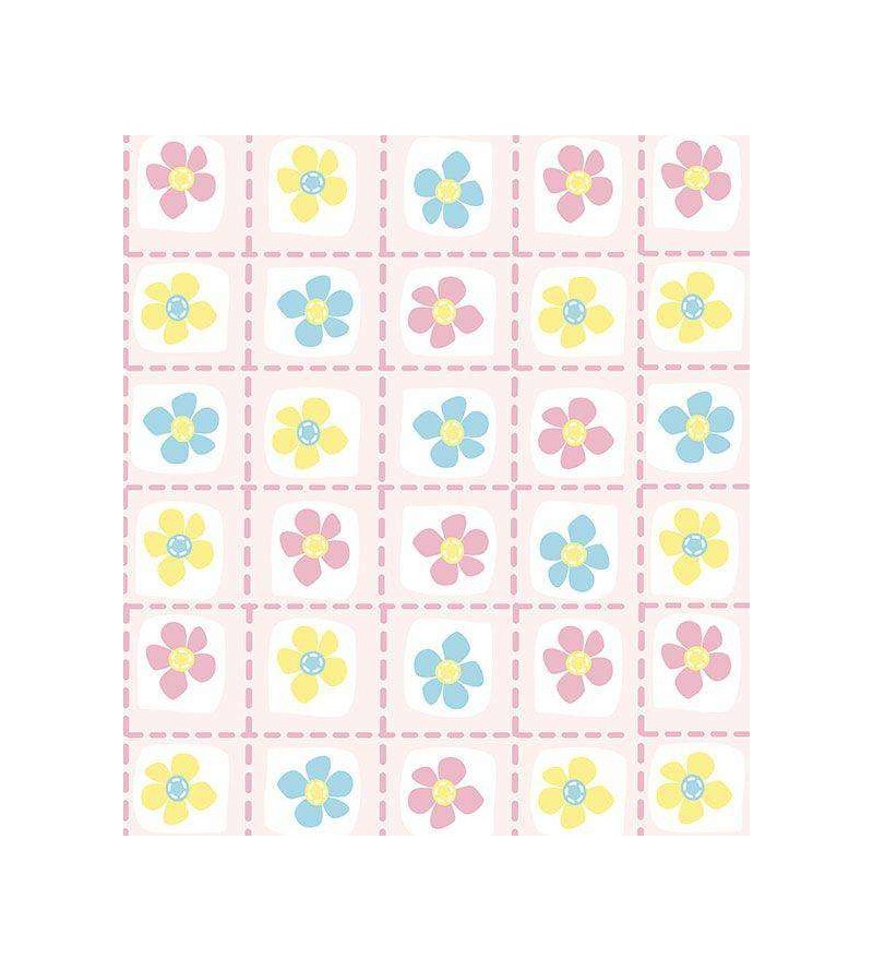Papel de parede com fundo rosa claro, com quadrados em brancos flores nos tons de azul, amaredelo e pink - Infantil144