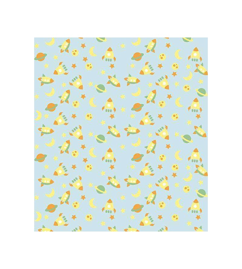 Papel de parede infantil azul com naves espaciais e planetas - Infantil 149