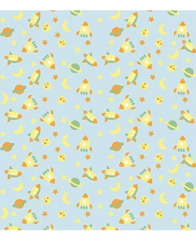 Papel de parede infantil azul com naves espaciais e planetas - Infantil 149