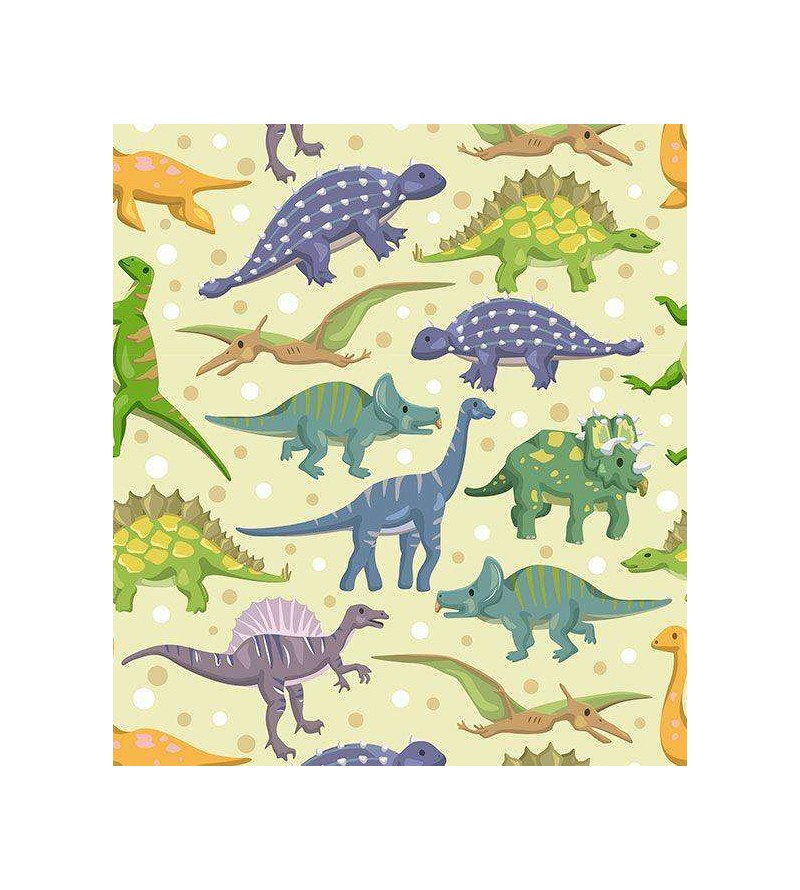 Papel de parede com fundo bege e desenhos em tons verde, amarelo, roxo, azul e laranja - Infantil 153
