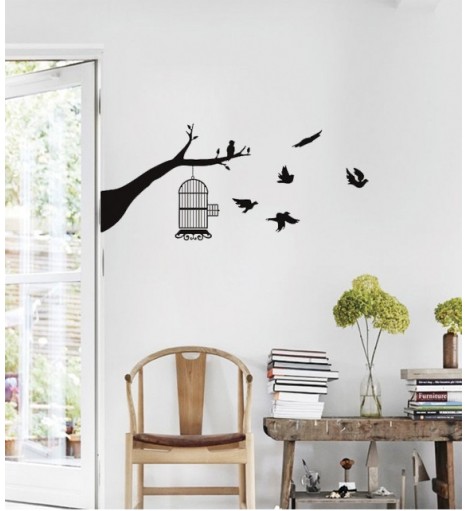 Adesivo de parede com tema Pássaros voando, árvore e gaiola