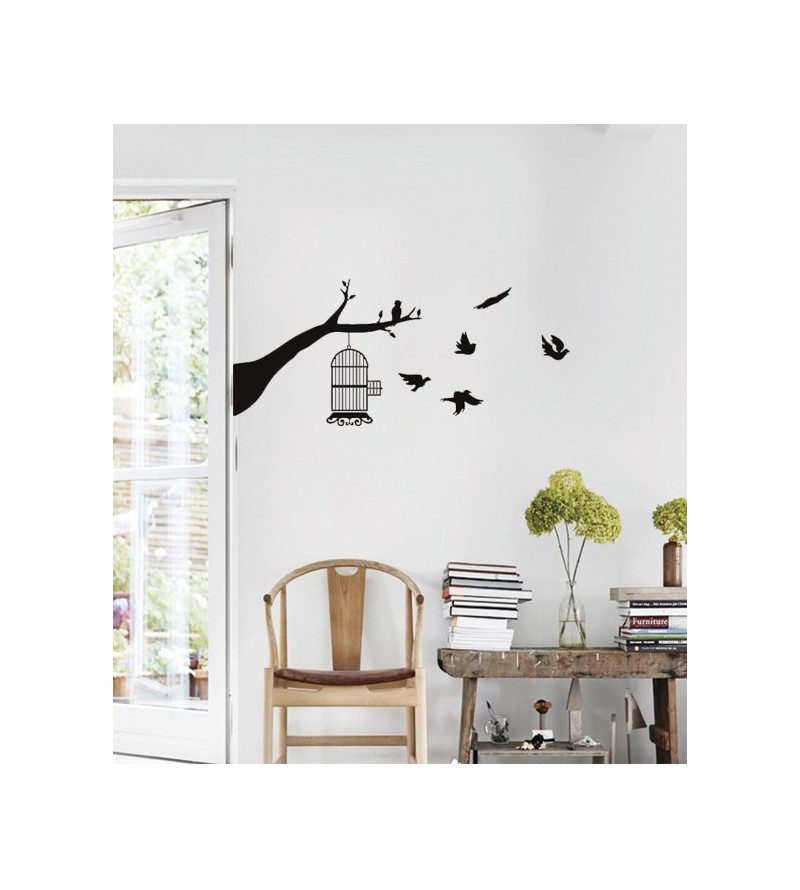 Adesivo de parede com tema Pássaros voando, árvore e gaiola