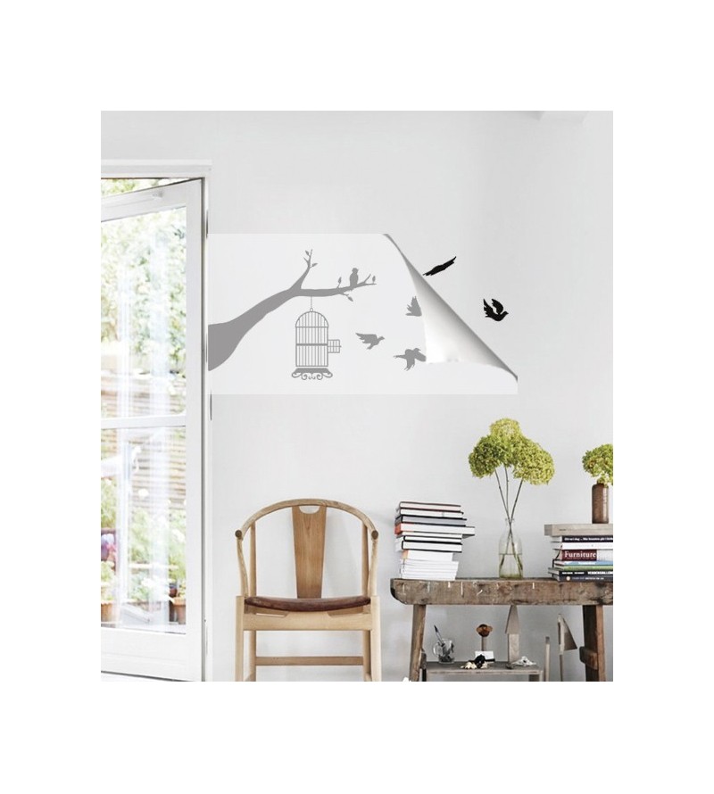 Adesivo de parede com tema Pássaros voando, árvore e gaiola