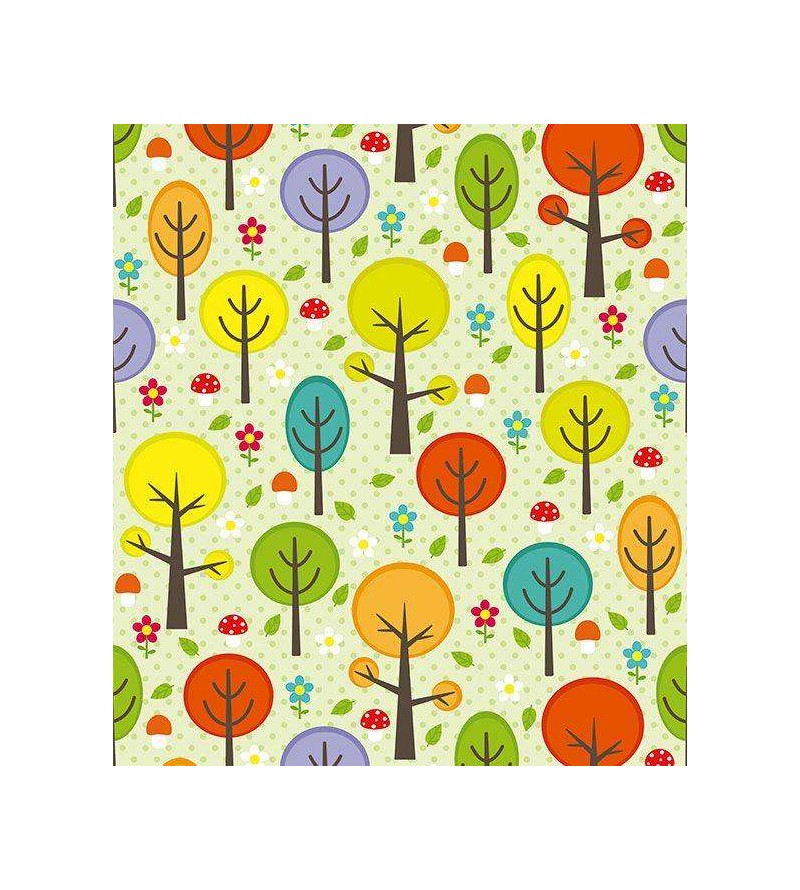 Papel de parede com fundo verde, desenho nas cores, marrom, amarelo, vermelho, laranja e roxo - Infantil 163