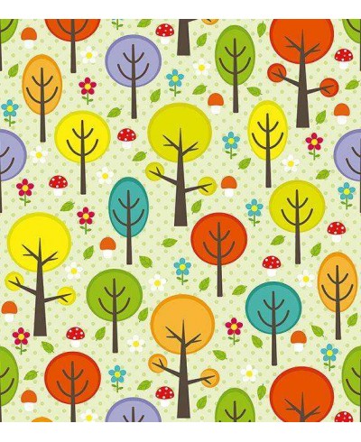Papel de parede com fundo verde, desenho nas cores, marrom, amarelo, vermelho, laranja e roxo - Infantil 163