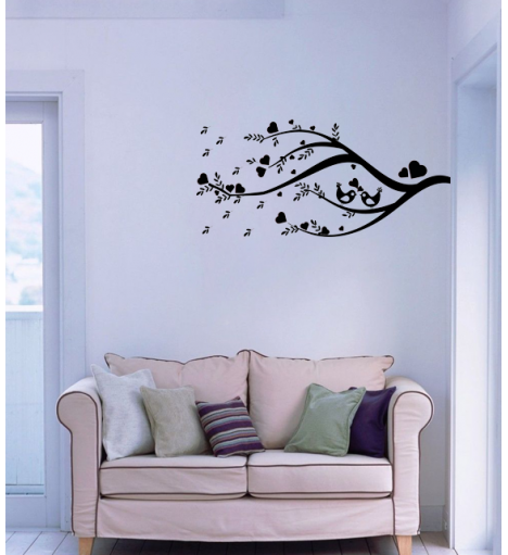 Adesivo de parede com arvores e pássaros românticos em cor única.