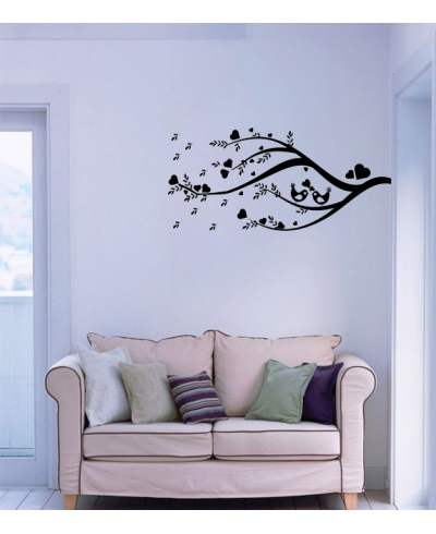 Adesivo de parede com arvores e pássaros românticos em cor única.