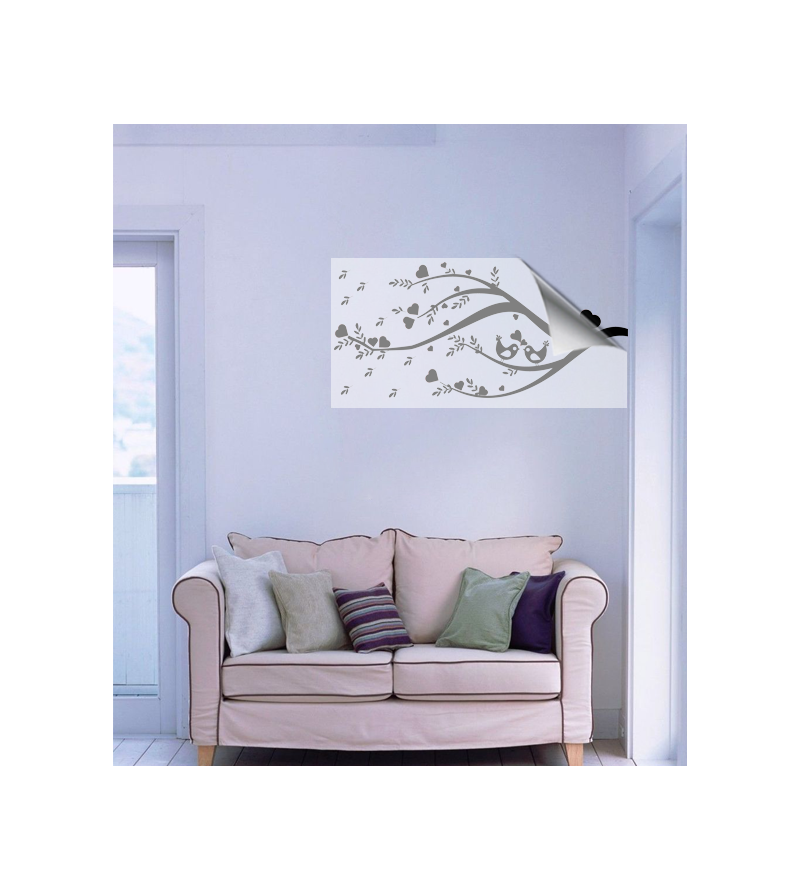 Adesivo de parede com arvores e pássaros românticos em cor única.