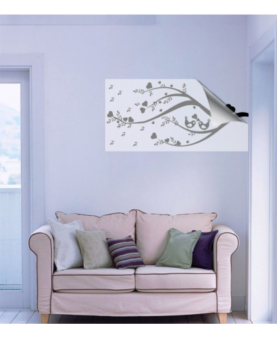 Adesivo de parede com arvores e pássaros românticos em cor única.