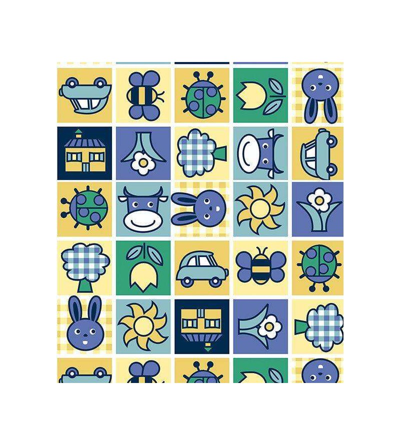 Papel de parede em tons de amarelo, azul, verde e branco - Infantil 76