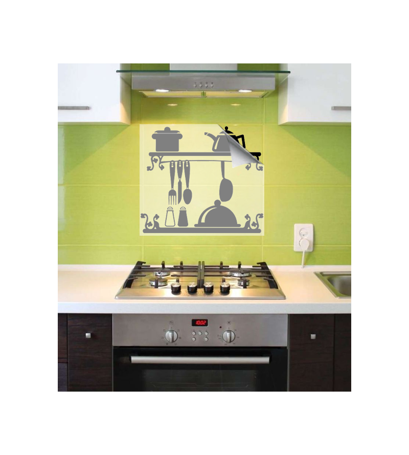 Adesivo recortado de parede com o tema cozinha, varão de talheres com potes, bules e saleiro - Cozinha 04