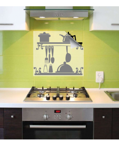 Adesivo recortado de parede com o tema cozinha, varão de talheres com potes, bules e saleiro - Cozinha 04
