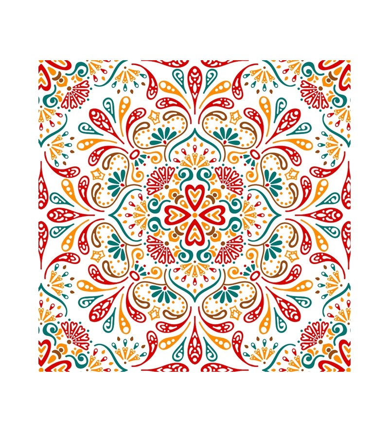 Papel de Parede Mandala com fundo bege e desenhos em vermelho, amarelo verde e marrom