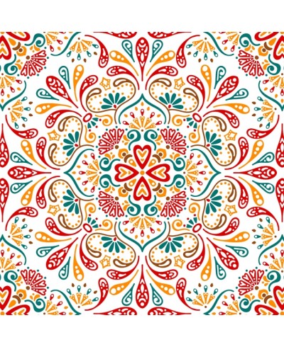 Papel de Parede Mandala com fundo bege e desenhos em vermelho, amarelo verde e marrom