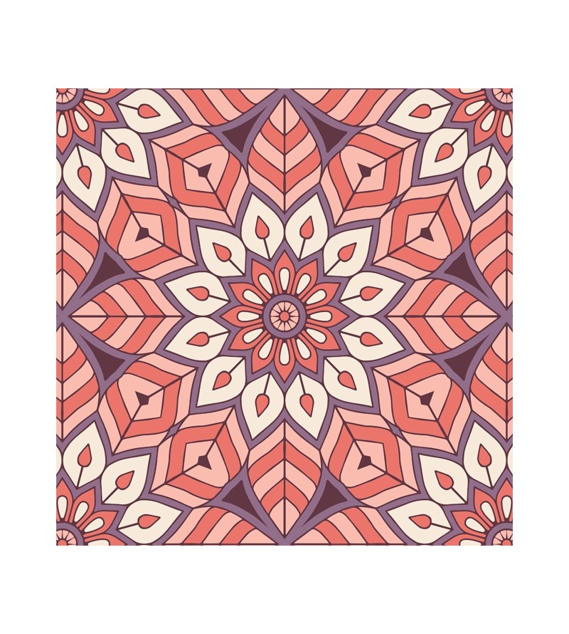 Papel de Parede Mandala com fundo em mosaico desenhado nas cores vermelho, branco, rosa e roxo