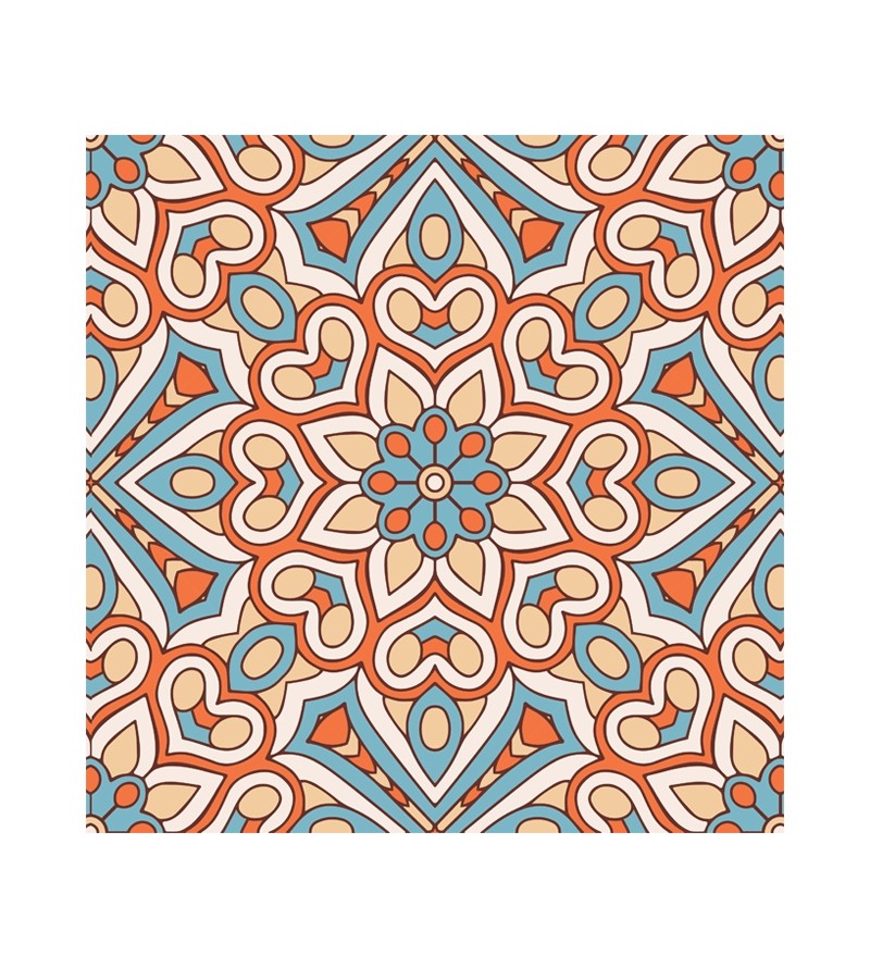 Papel de Parede Mandala com fundo em mosaico desenhado nas cores azul, laranja, branco e bege.