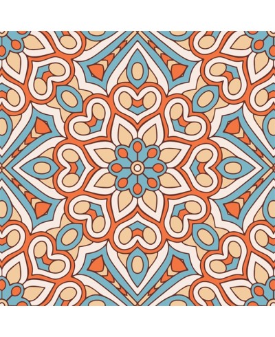Papel de Parede Mandala com fundo em mosaico desenhado nas cores azul, laranja, branco e bege.