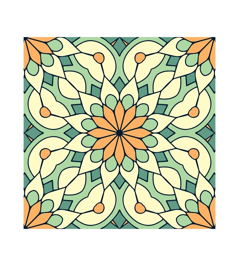 Papel de Parede Mandala com fundo em mosaico desenhado nas cores bege, laranja e em tons de verde.