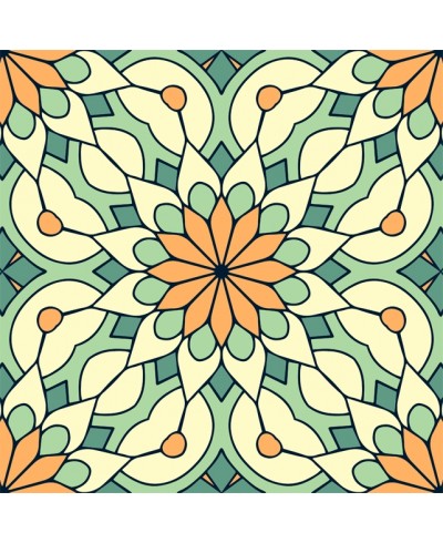 Papel de Parede Mandala com fundo em mosaico desenhado nas cores bege, laranja e em tons de verde.