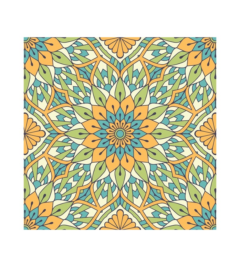 Papel de Parede Mandala com fundo em mosaico desenhado nas cores azul, amarelo, verde e branco.