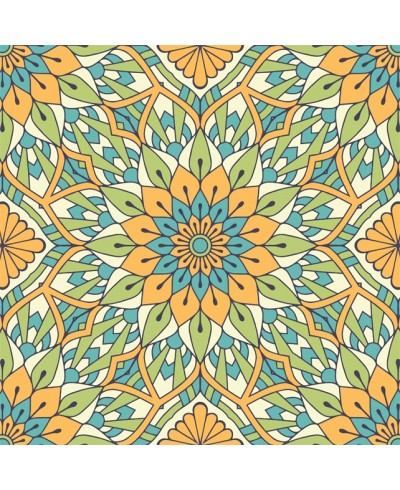 Papel de Parede Mandala com fundo em mosaico desenhado nas cores azul, amarelo, verde e branco.