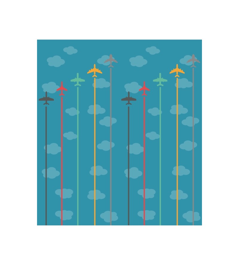 Papel de Parede Infantil aviões em fundo azul com nuvens em azul claro - Kids 18