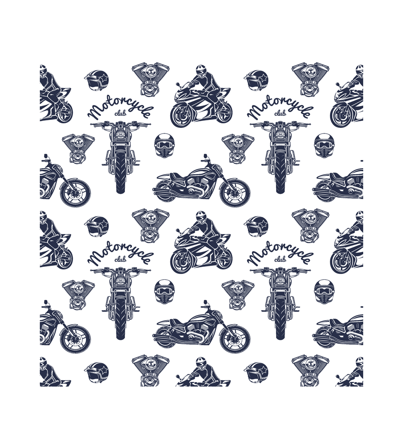 Papel de Parede Temático Motos em fundo branco com desenhos em azul escuro