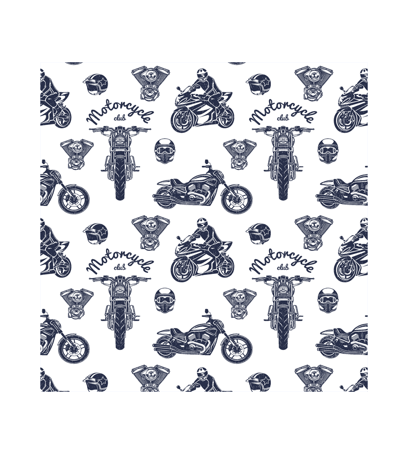 Papel de Parede Temático Motos em fundo branco e pingos de tinta com desenhos em azul escuro