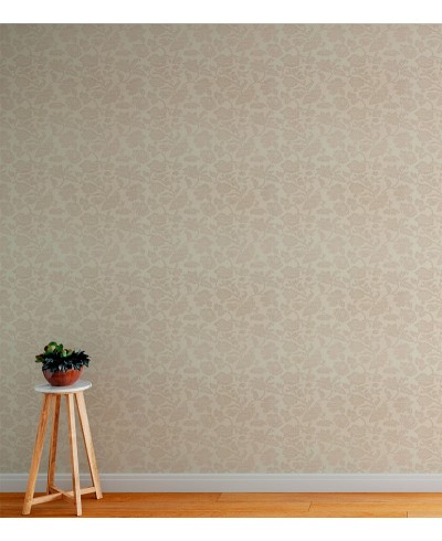 Papel de parede com fundo palha e detalhes em bege.