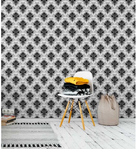 Papel de parede com fundo cinza e detalhes em branco e preto