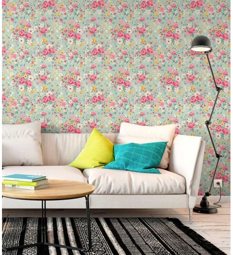 Papel de parede romântico cor rose, branco, verde musgo, amarelo e fundo verde acinzentado