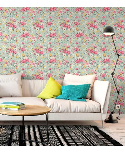 Papel de parede romântico cor rose, branco, verde musgo, amarelo e fundo verde acinzentado