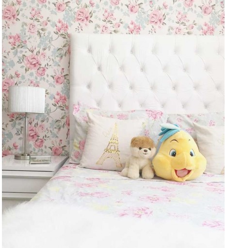 Papel de parede romântico rosa, verde e cinza com fundo bege