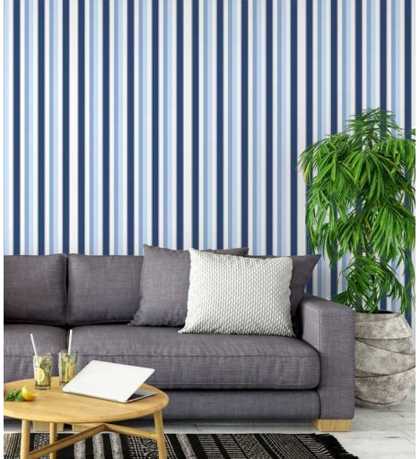 Papel de parede listrado em tons de azul, azul claro e branco - Listrado 1023