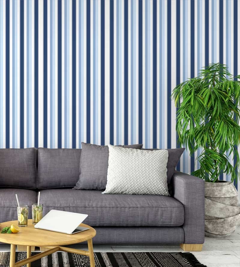 Papel de parede listrado em tons de azul, azul claro e branco - Listrado 1023