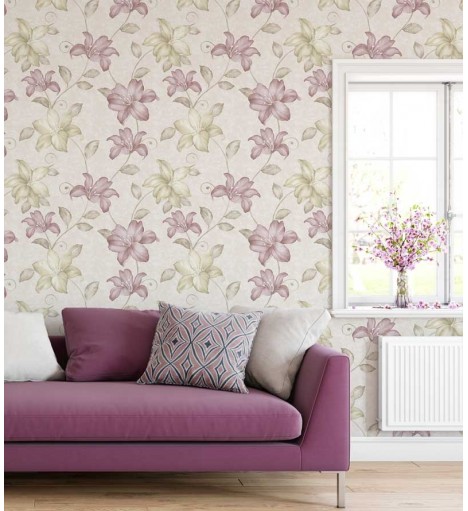 Papel de parede em tons creme, rose e verde musgo