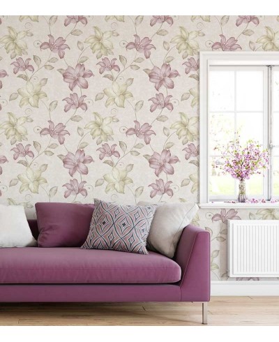 Papel de parede em tons creme, rose e verde musgo