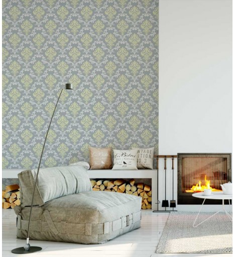 Papel de parede com fundo cinza e desenhos em tons amarelos - Damask 19