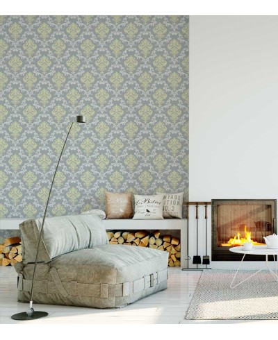 Papel de parede com fundo cinza e desenhos em tons amarelos - Damask 19 Papel de parede com fundo cinza e desenhos em tons amarelos - Damask 19