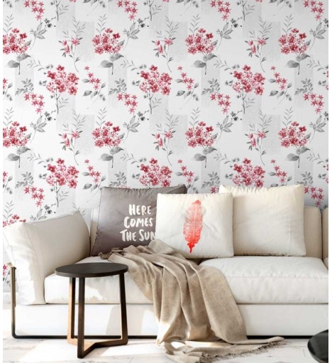 Papel de parede com fundo branco e desenhos em tons cinza e vermelho - Dream 03