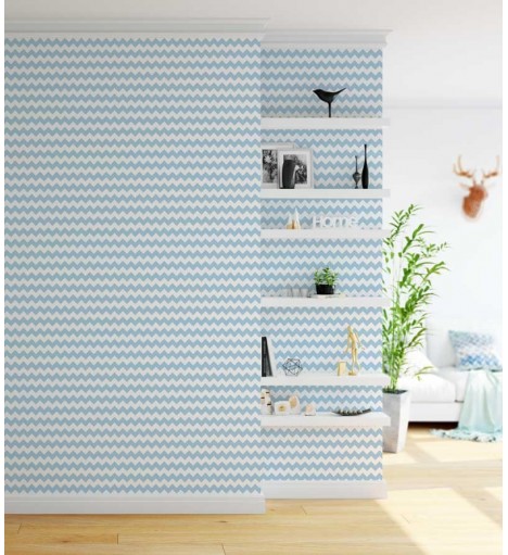 Papel de parede chevron em listras zigue zague com o fundo branco e listras em azul