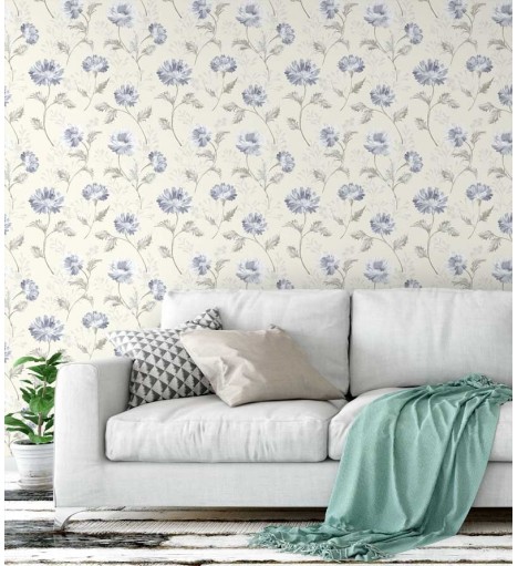 Papel de parede com fundo cinza e desenhos em tons verde musgo e azul - Dream 04