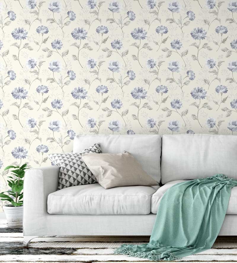 Papel de parede com fundo cinza e desenhos em tons verde musgo e azul - Dream 04