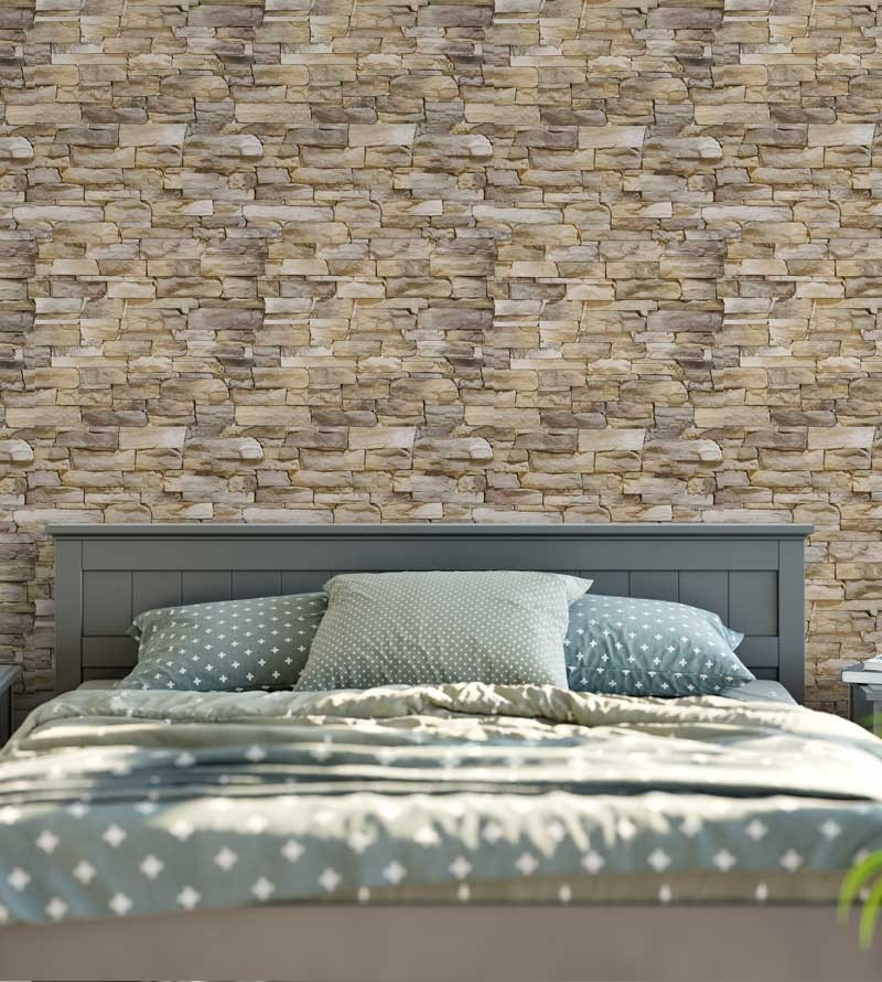 Papel de parede estilo pedras canjiquinha e pedras palito em tons de bege, com detalhes em marrom - Textura 09