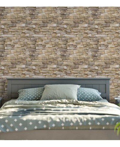 Papel de parede estilo pedras canjiquinha e pedras palito em tons de bege, com detalhes em marrom - Textura 09